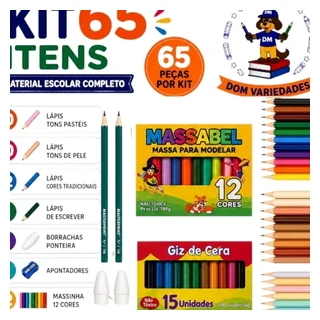 Kit escolar infantil com lápis de cor, giz de cera, massinhas, borrachas e apontadores
