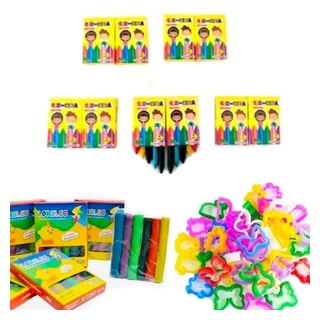 Kit infantil com giz de cera, massinhas coloridas e cortadores