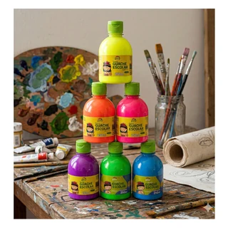 Kit de tinta guache neon escolar com seis cores para atividades infantis
