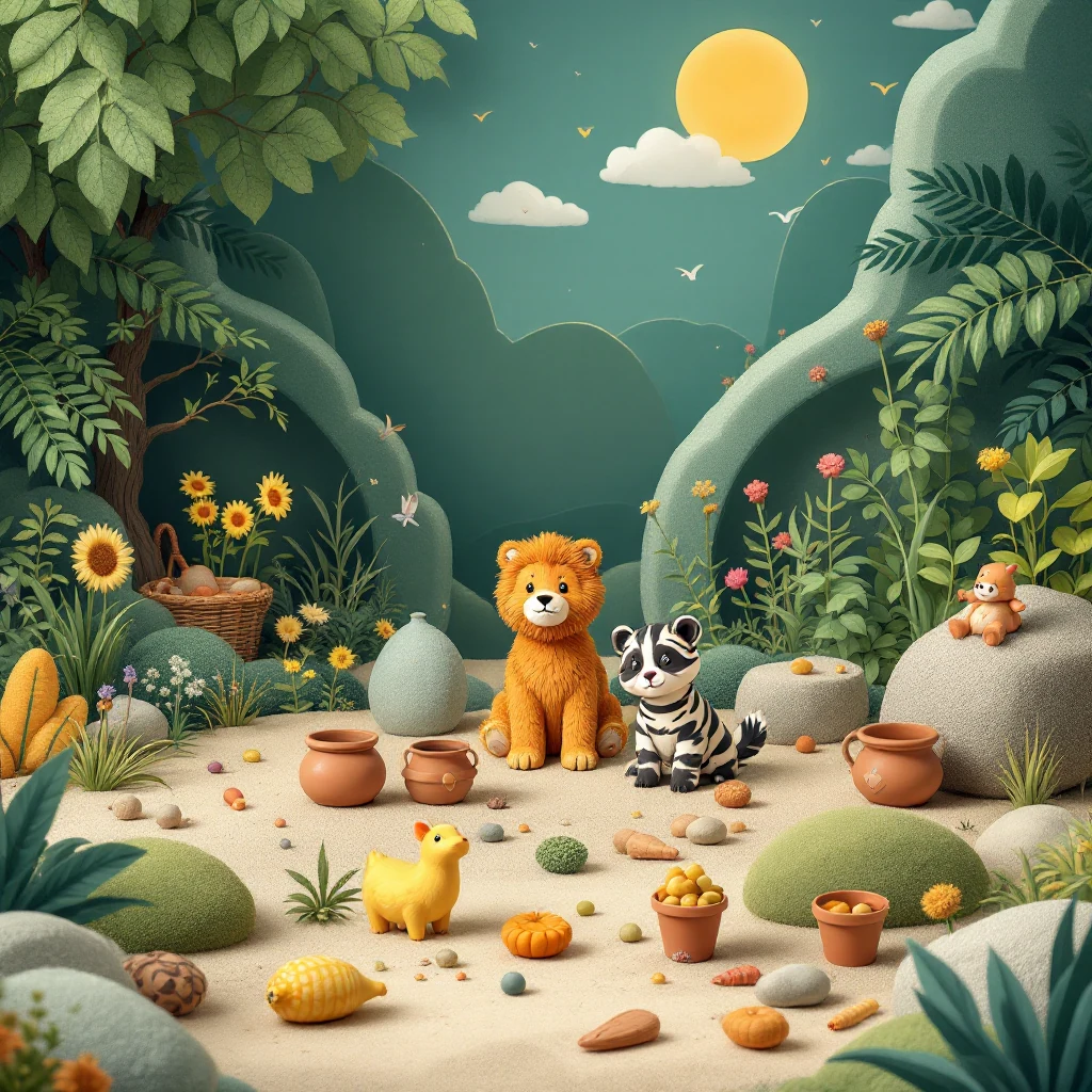 Caixa sensorial infantil temática com materiais naturais, animais grandes, potes e colheres