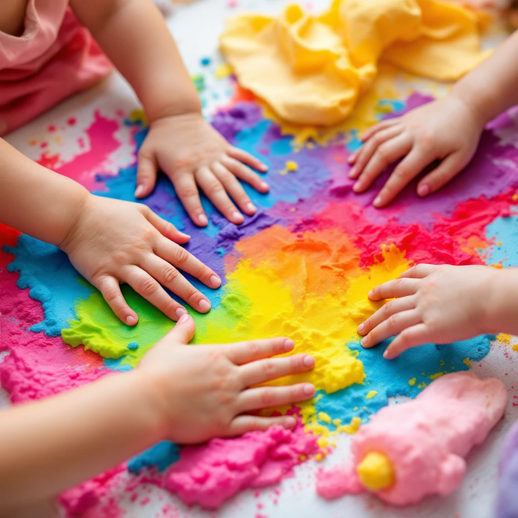 Mãos infantis explorando espuma colorida em bandeja sensorial