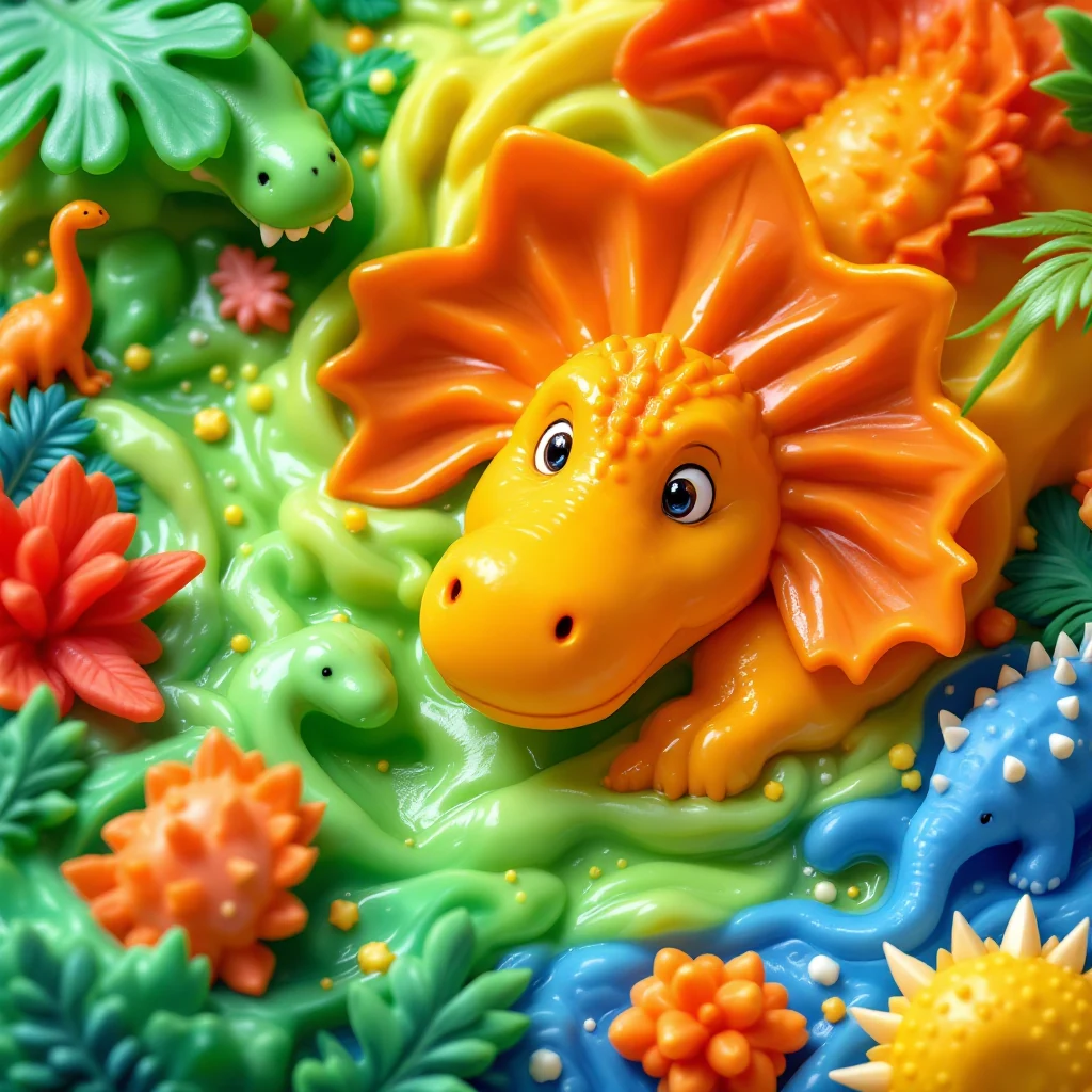 Dinossauros grandes escondidos em gelatina colorida em atividade sensorial infantil