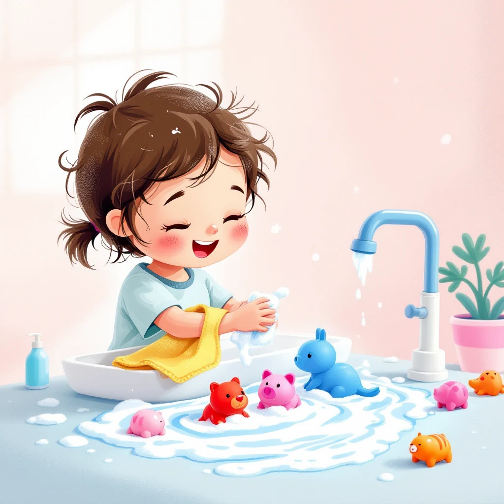 Criança lavando carrinhos de brinquedo com água, espuma e esponja em atividade sensorial