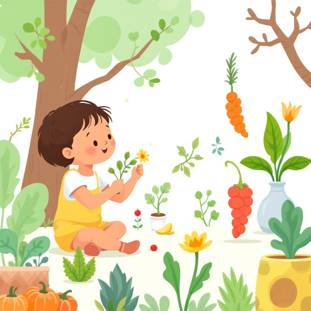 Criança observando e cheirando ervas em pequeno jardim sensorial infantil