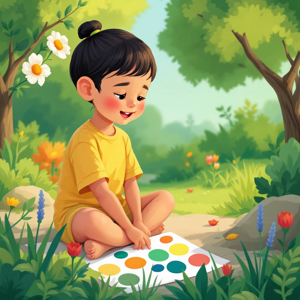 Criança comparando cartão de cores com folhas e flores durante caça às cores na natureza