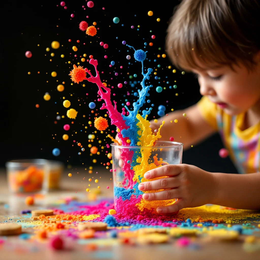 Conta-gotas infantil misturando água colorida em recipientes transparentes
