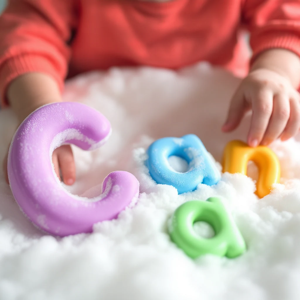 Letras grandes coloridas sendo encontradas em bandeja com espuma por criança
