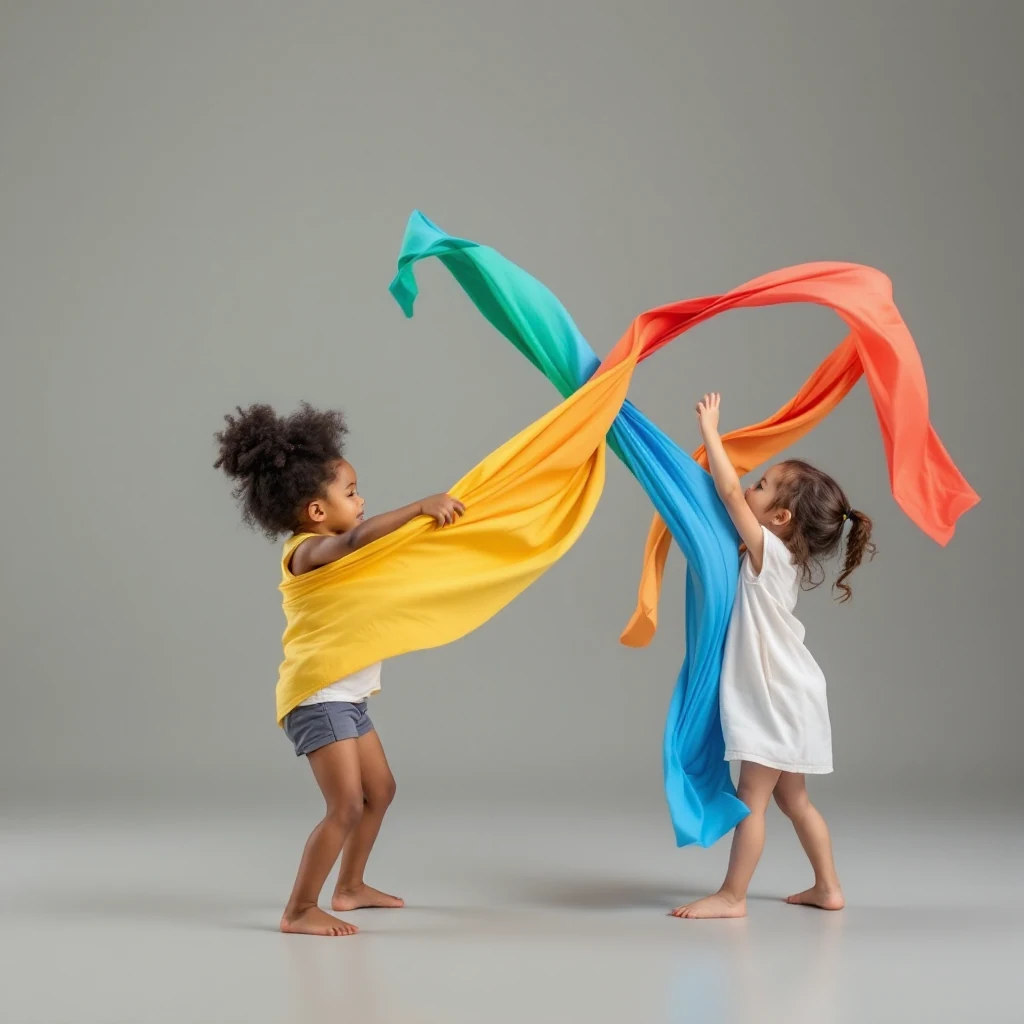 Crianças movimentando tecidos coloridos durante dança sensorial em espaço amplo