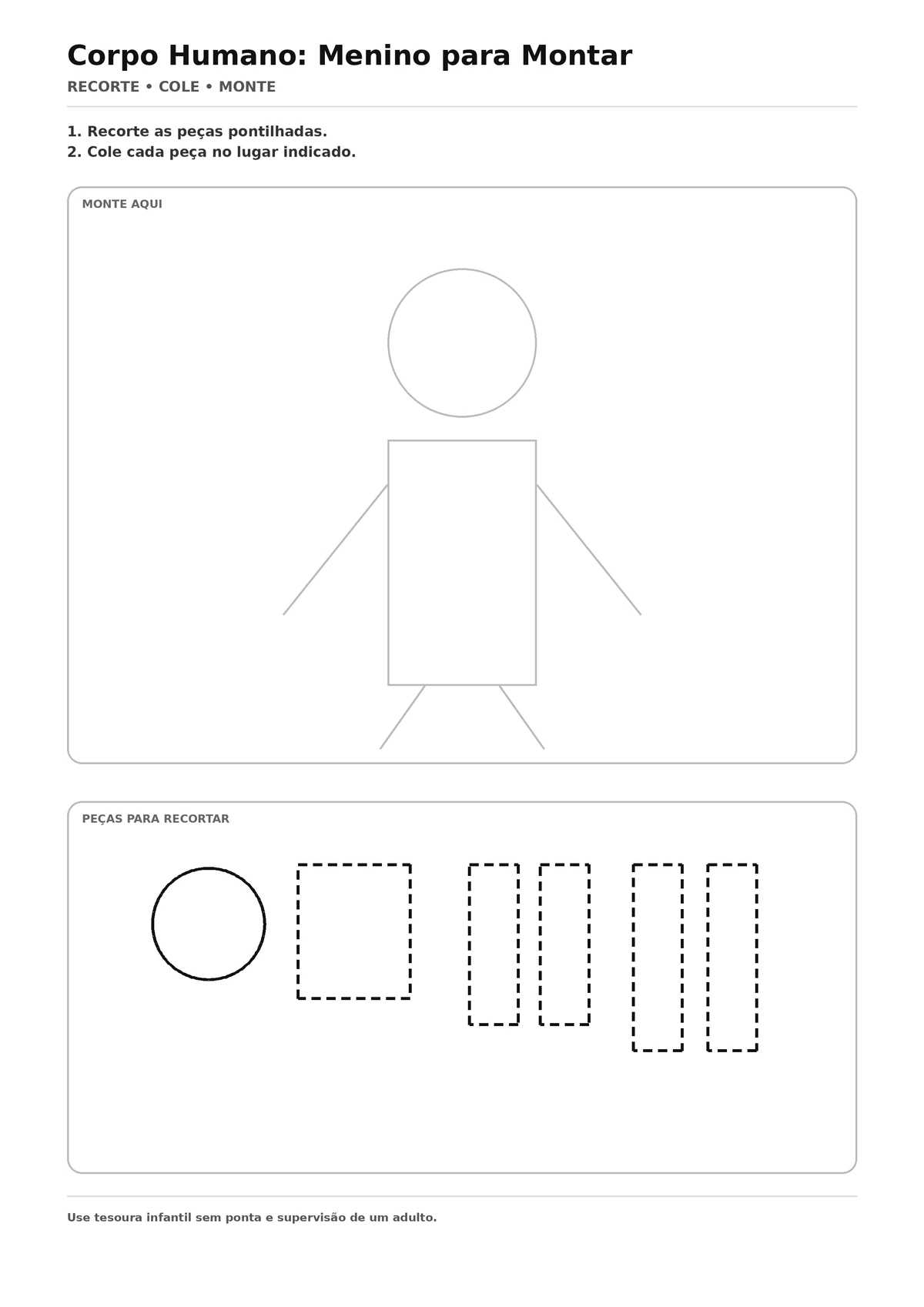 Corpo Humano: Menino para Recortar e Montar - atividade infantil de recorte e colagem para imprimir