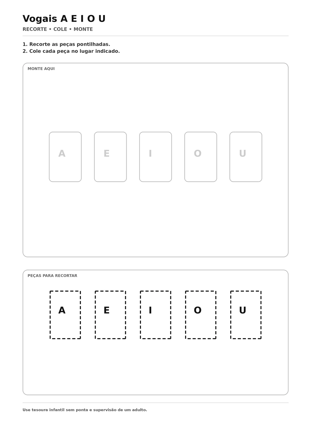 Vogais A, E, I, O, U para Recortar e Colar - atividade infantil de recorte e colagem para imprimir
