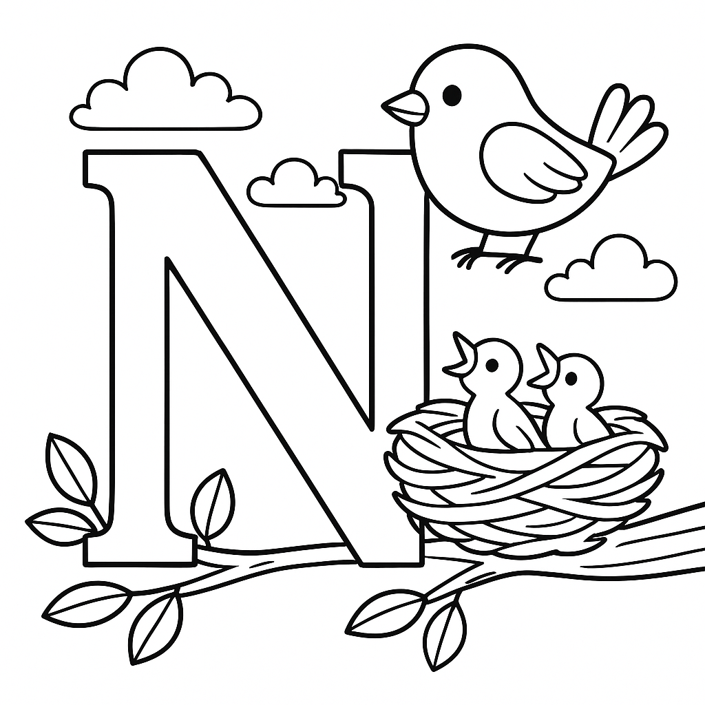 Letra N de Ninho com Pássaros