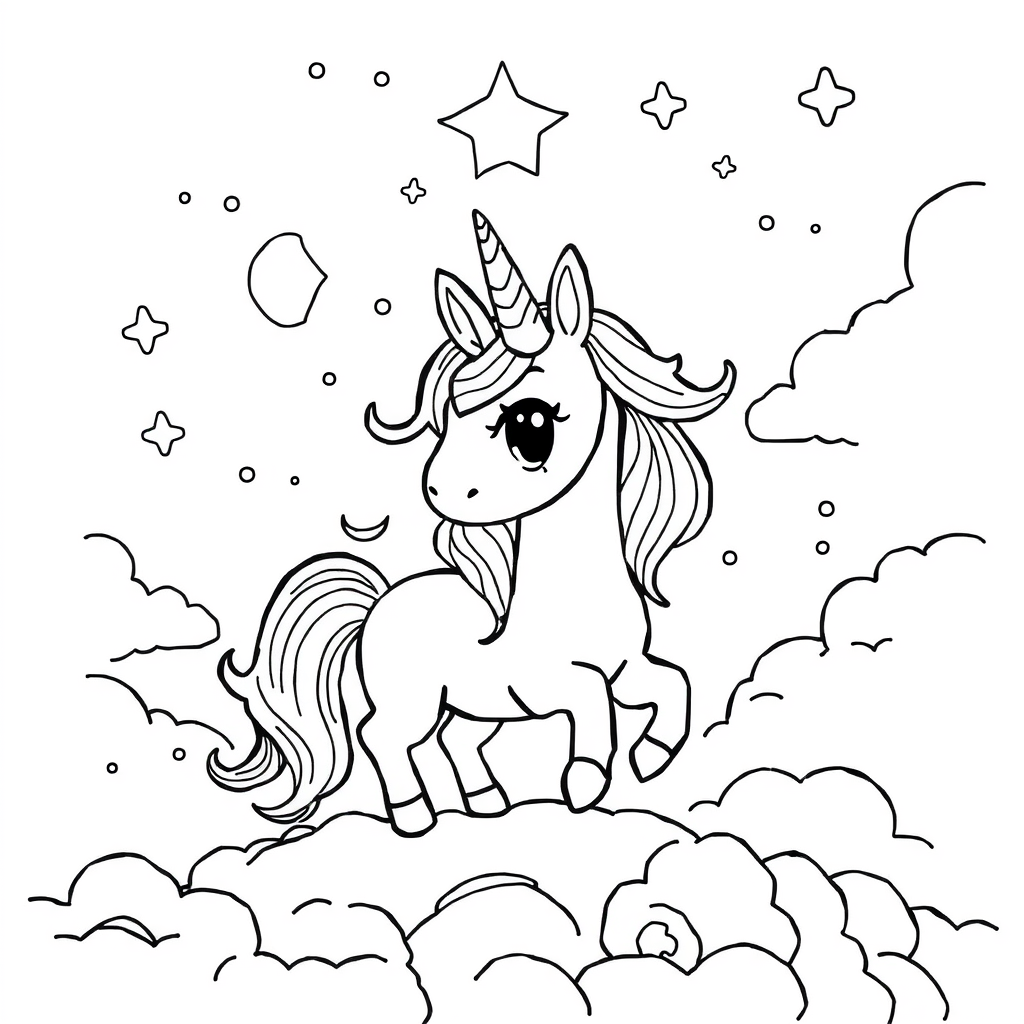 Unicórnio Kawaii nas Nuvens