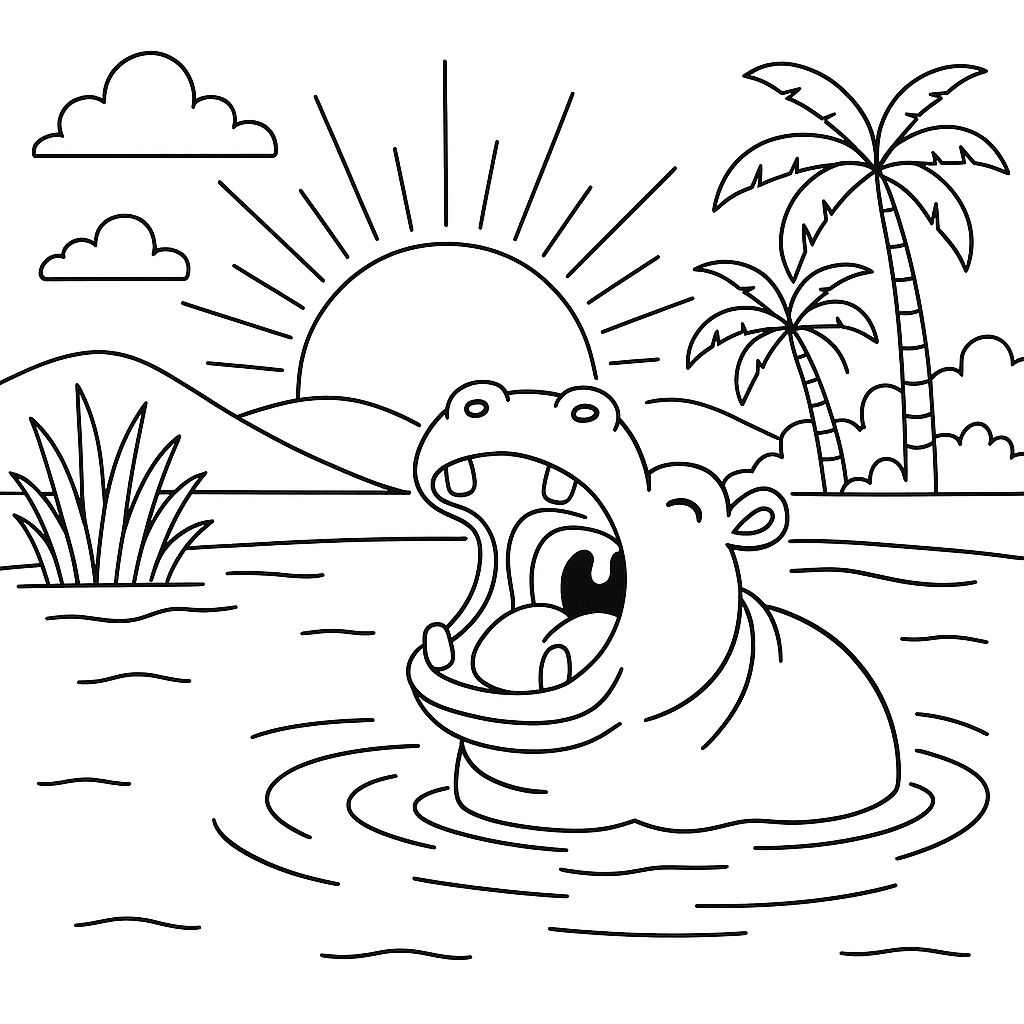 Hipopótamo Bocejando no Lago ao Pôr do Sol