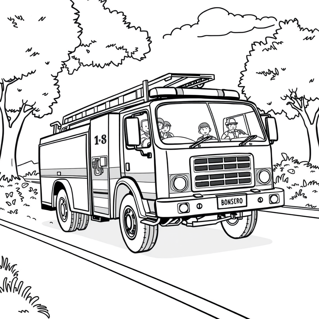 Caminhão de Bombeiros com Bombeiros ao Lado