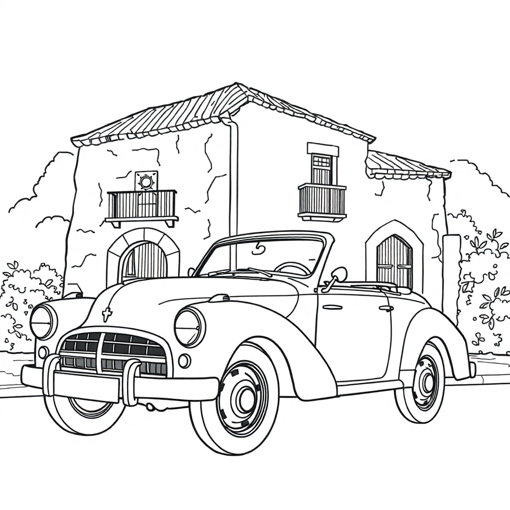 Carro Clássico Diante de uma Casa Antiga