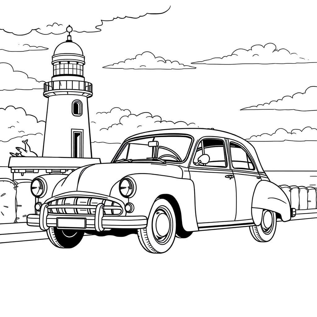 Carro Clássico Perto de um Farol