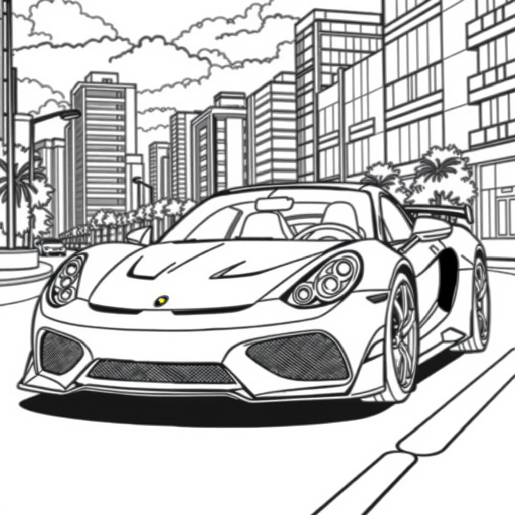 Carro Esportivo em uma Cidade Moderna