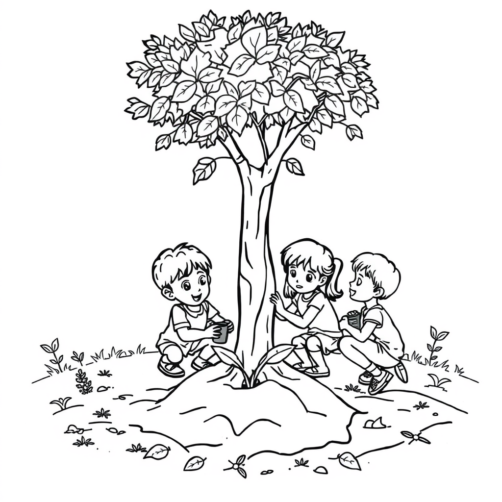 Dia da Árvore com Crianças Plantando uma Muda