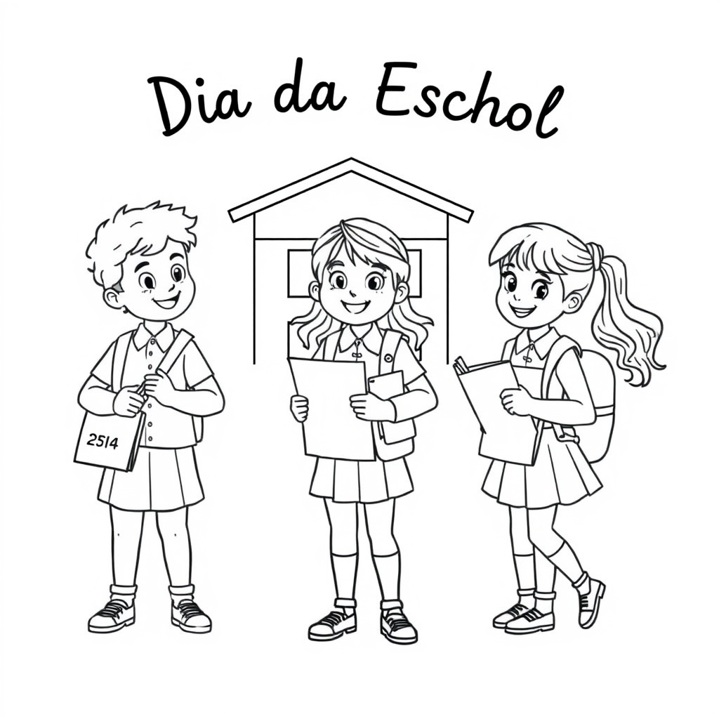 Dia da Escola com Prédio Escolar e Crianças