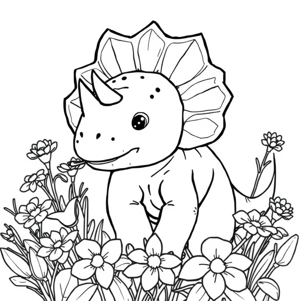 Bebê Tricerátops entre Flores