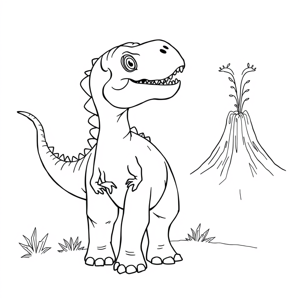 Dinossauro Bebê Perto de um Vulcão Distante