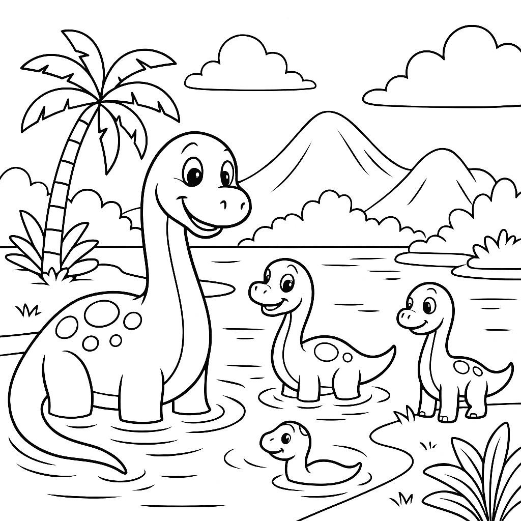 Família de Dinossauros no Lago