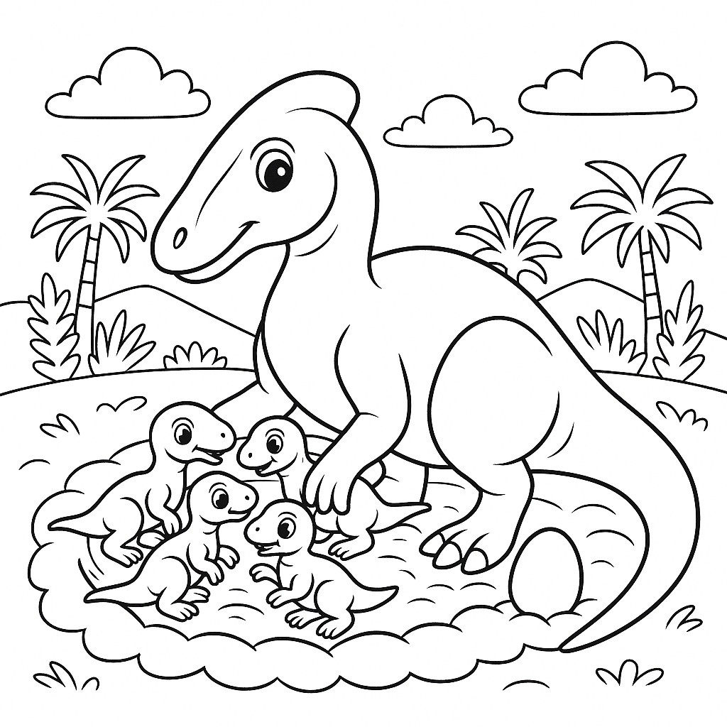 Maiasaura Cuidando dos Filhotes no Ninho