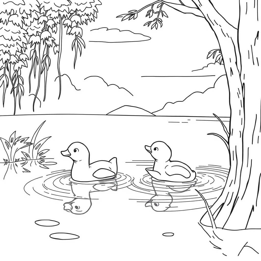 Patinhos Nadando no Lago da Fazenda