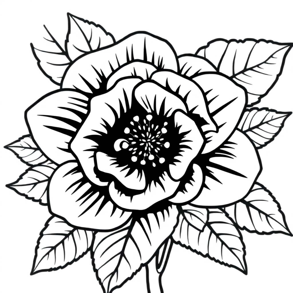 Rosa com Folhas para Colorir