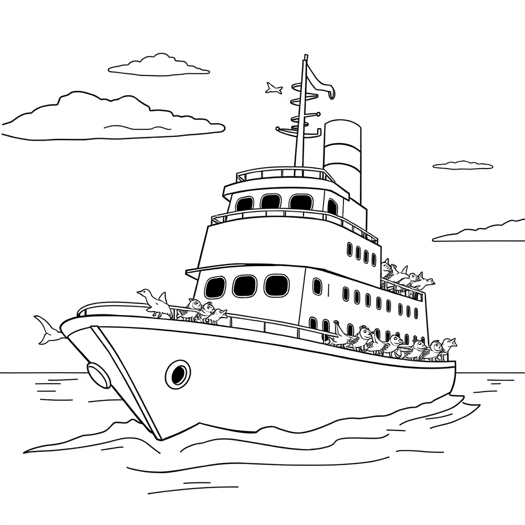 Navio com Gaivotas ao Redor