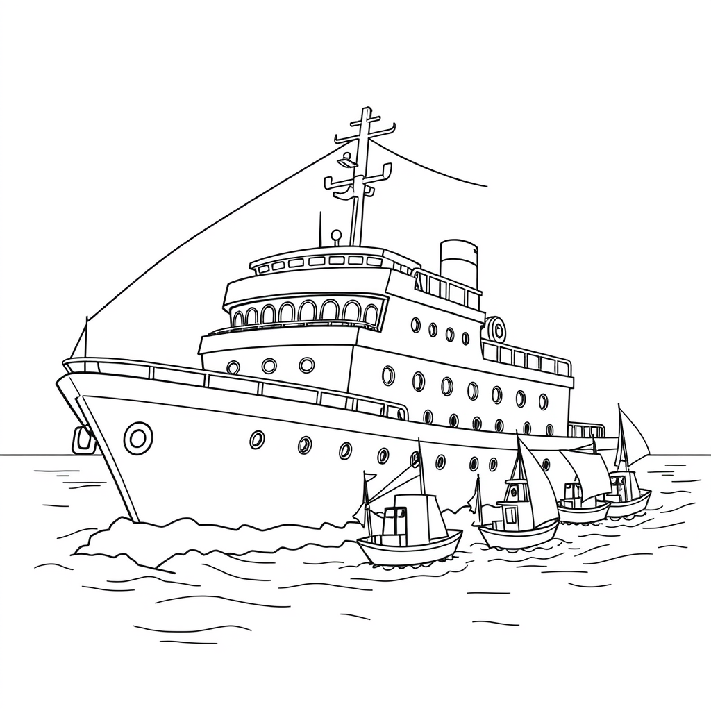 Navio com Pequenos Barcos ao Redor