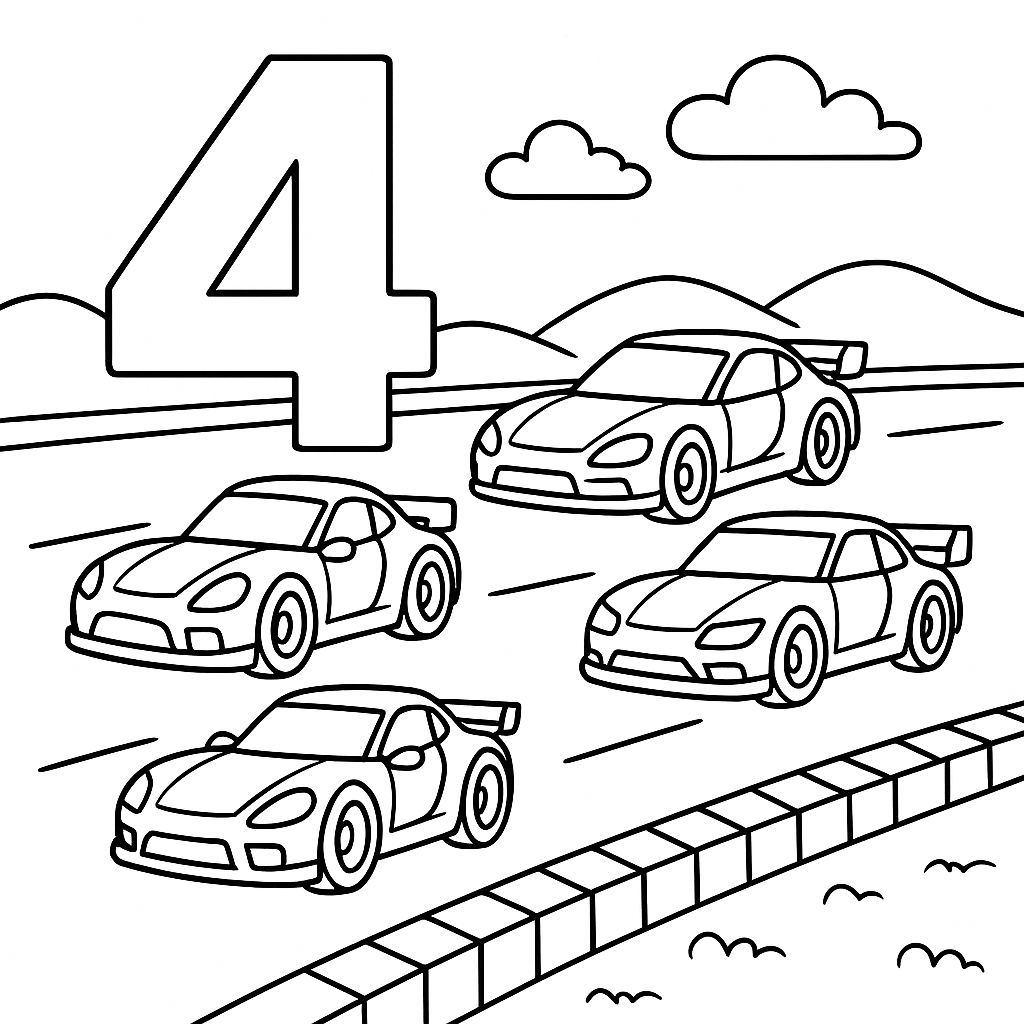 Número 4 e 4 Carros de Corrida