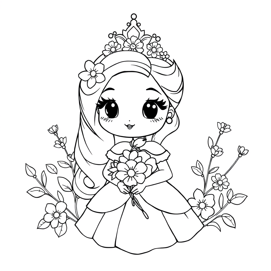 Princesa Kawaii com Buquê de Flores