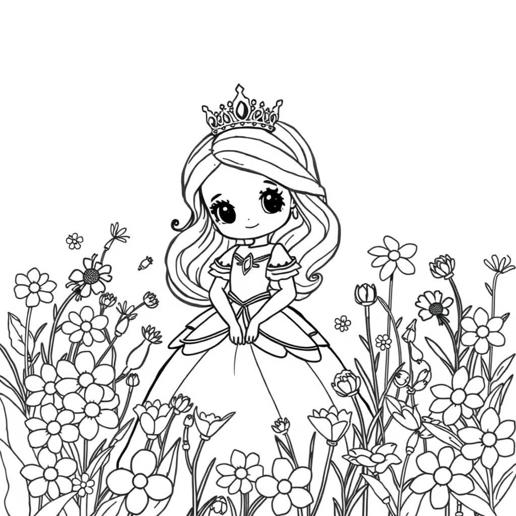 Princesa Kawaii em um Campo de Flores