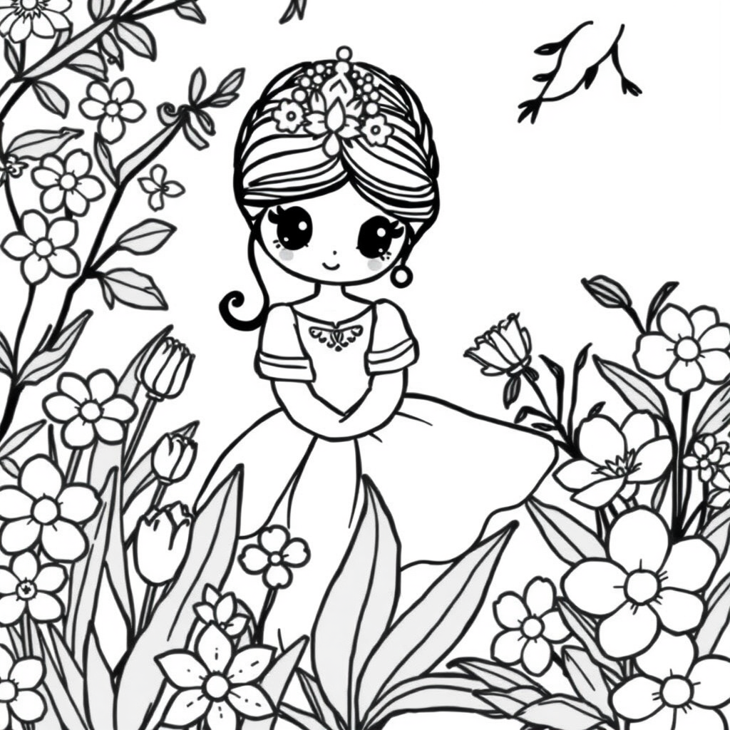 Princesa Kawaii em um Jardim de Flores