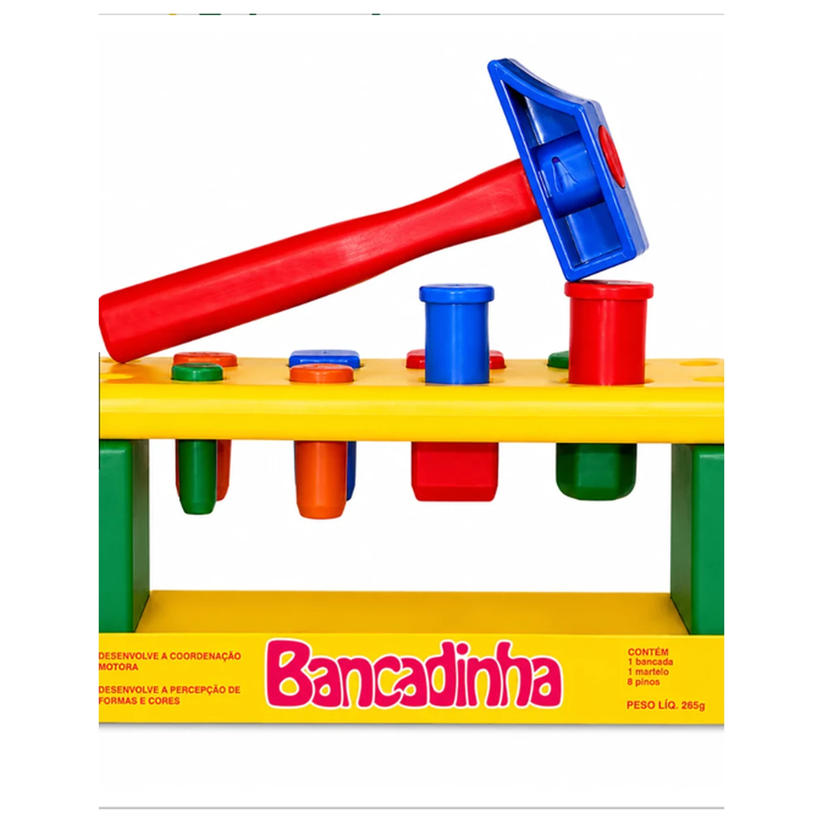 Bancadinha com martelo e pinos coloridos apresentada com sua embalagem