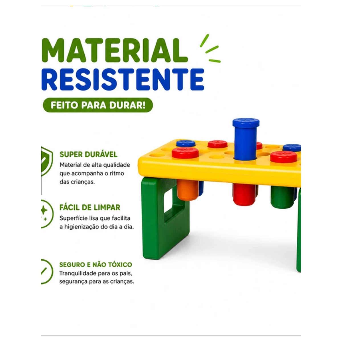 Bancadinha educativa mostrando informações sobre resistência e facilidade de limpeza