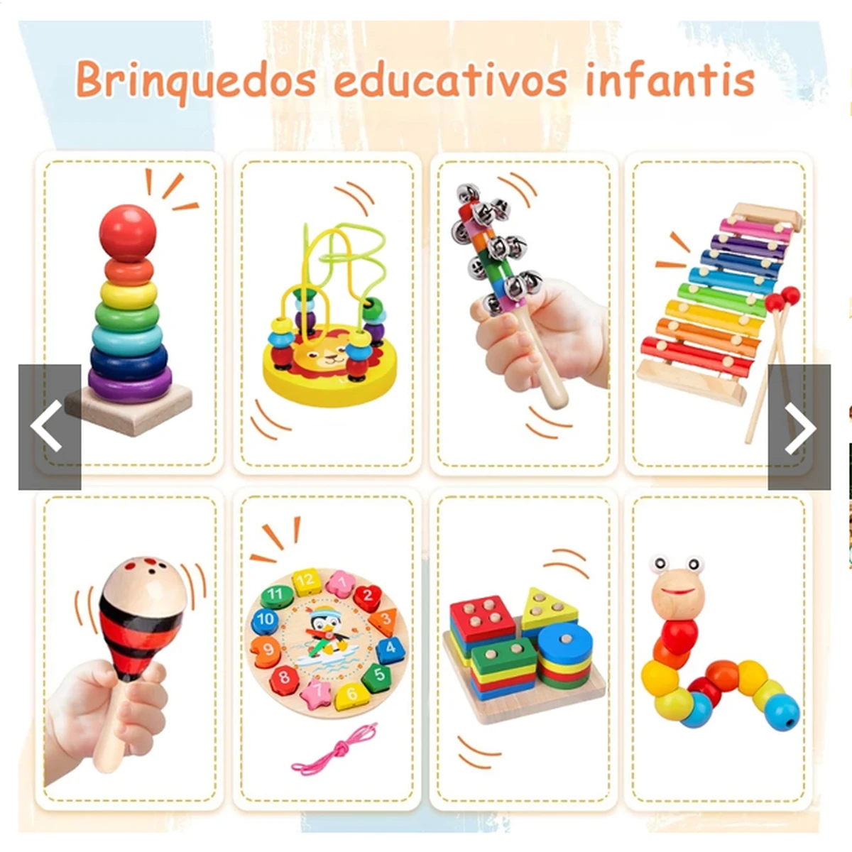 Detalhes dos diferentes brinquedos educativos que fazem parte do kit