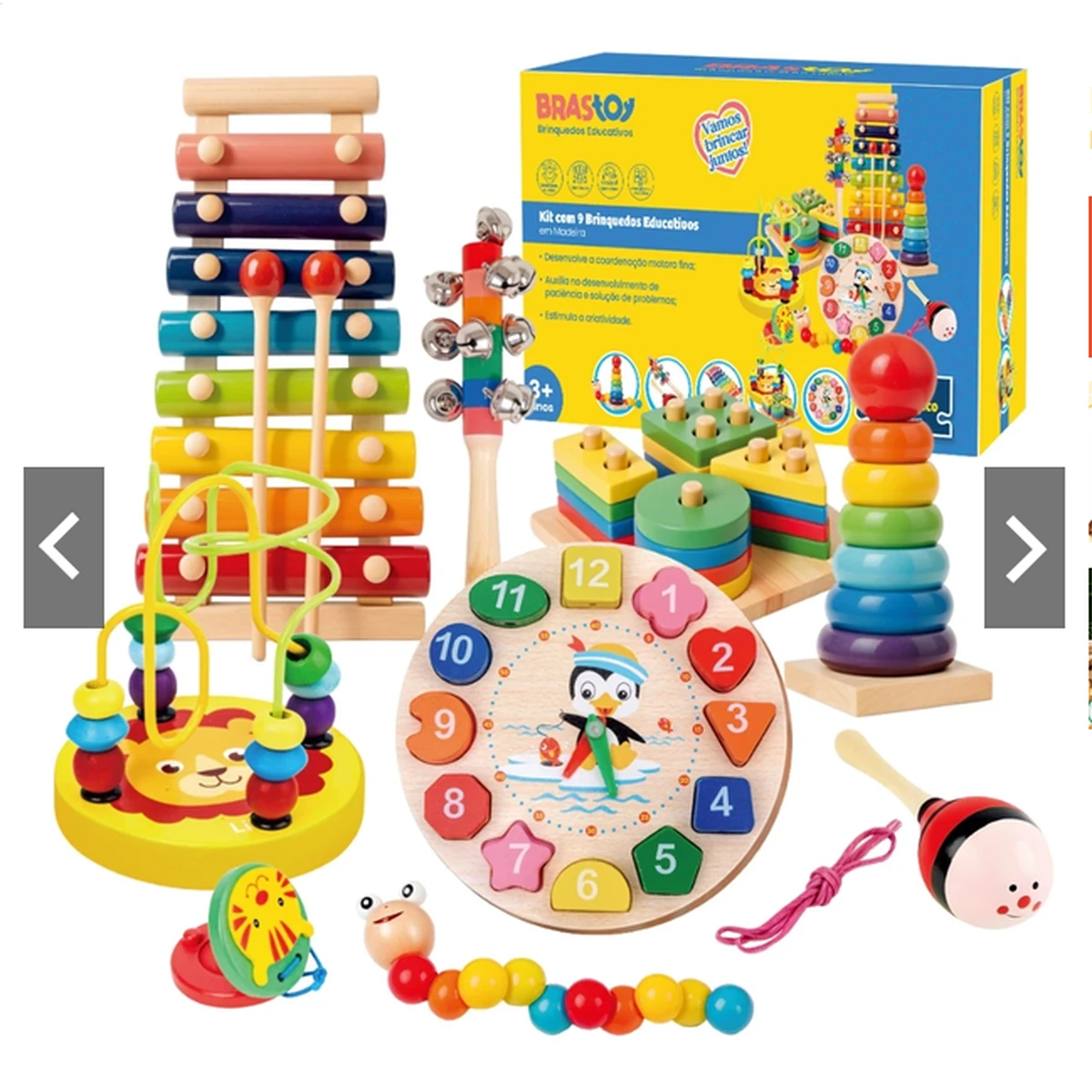 Kit de 9 brinquedos educativos de madeira coloridos reunidos