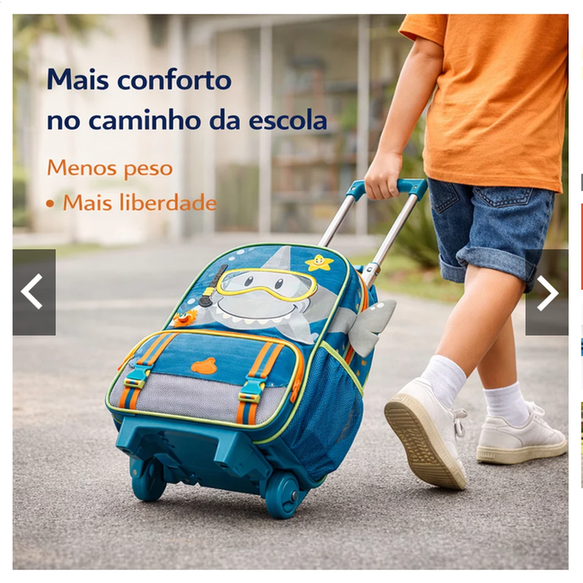 Criança puxando mochila escolar com rodinhas e puxador retrátil