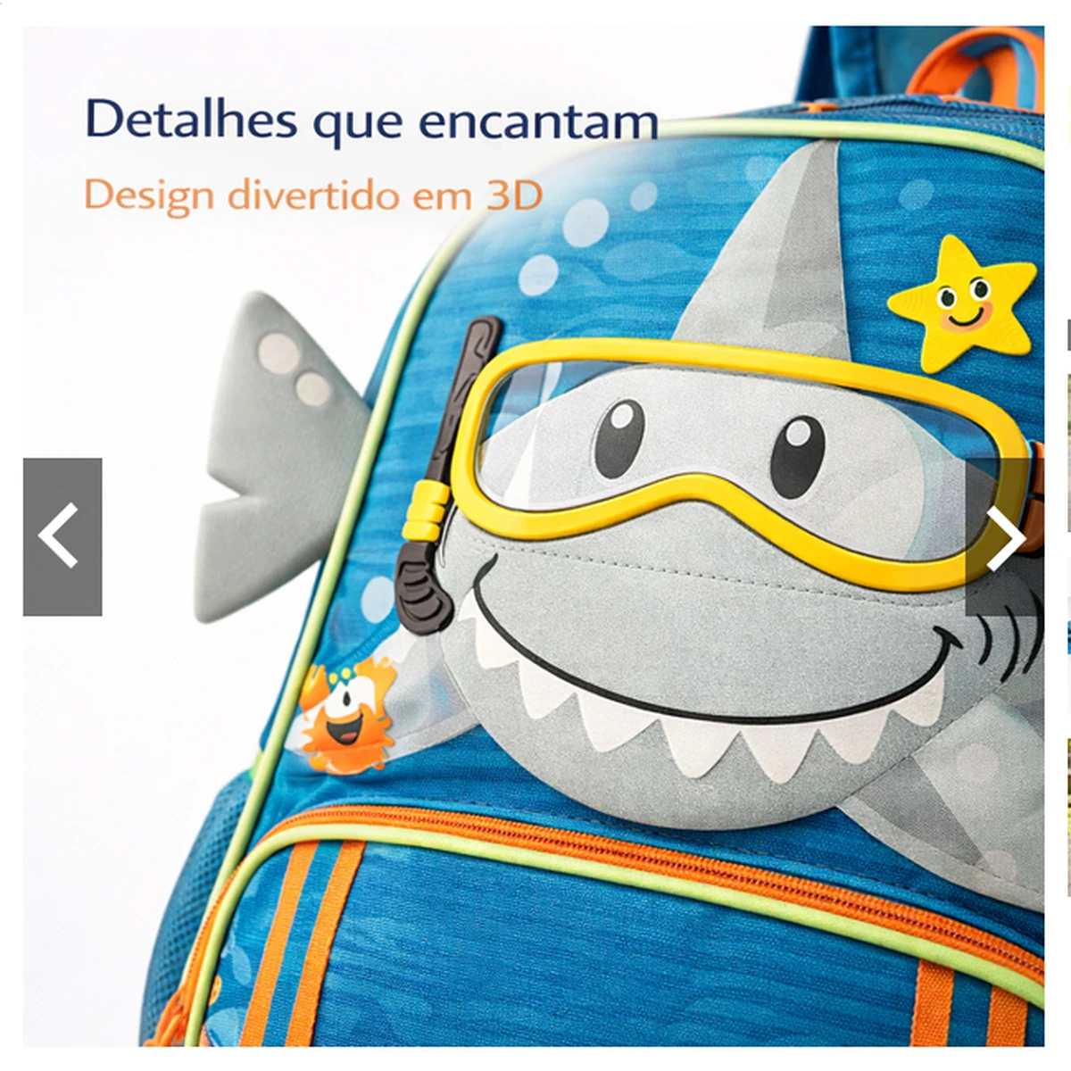 Detalhe do design 3D de tubarão da mochila escolar infantil