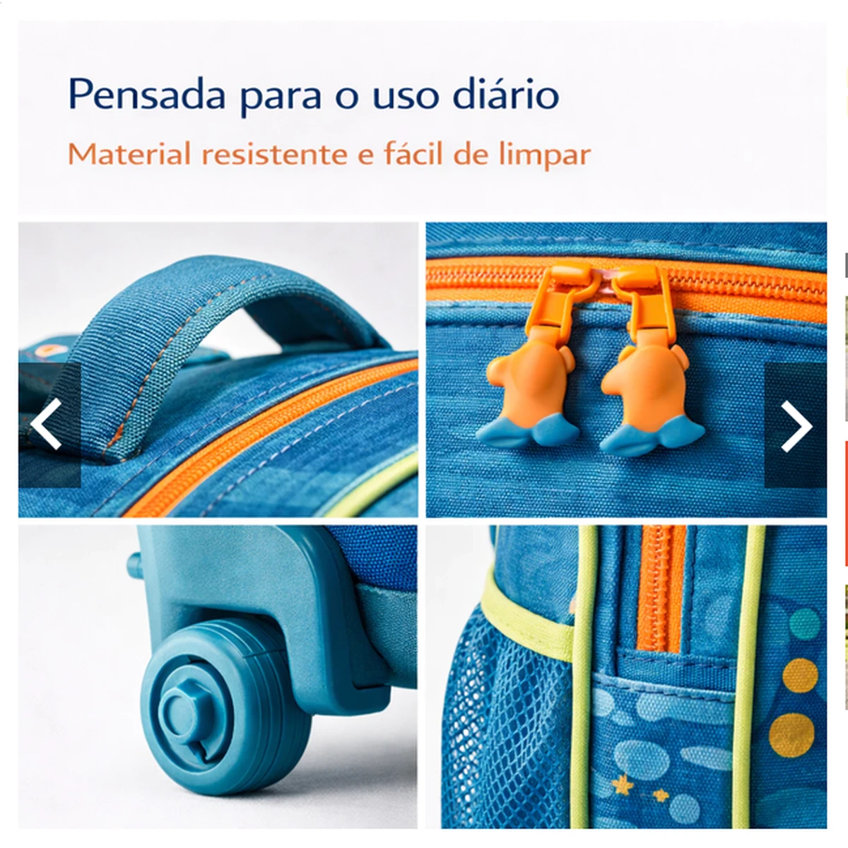 Detalhes da mochila escolar com alça zíper rodinha e bolso lateral