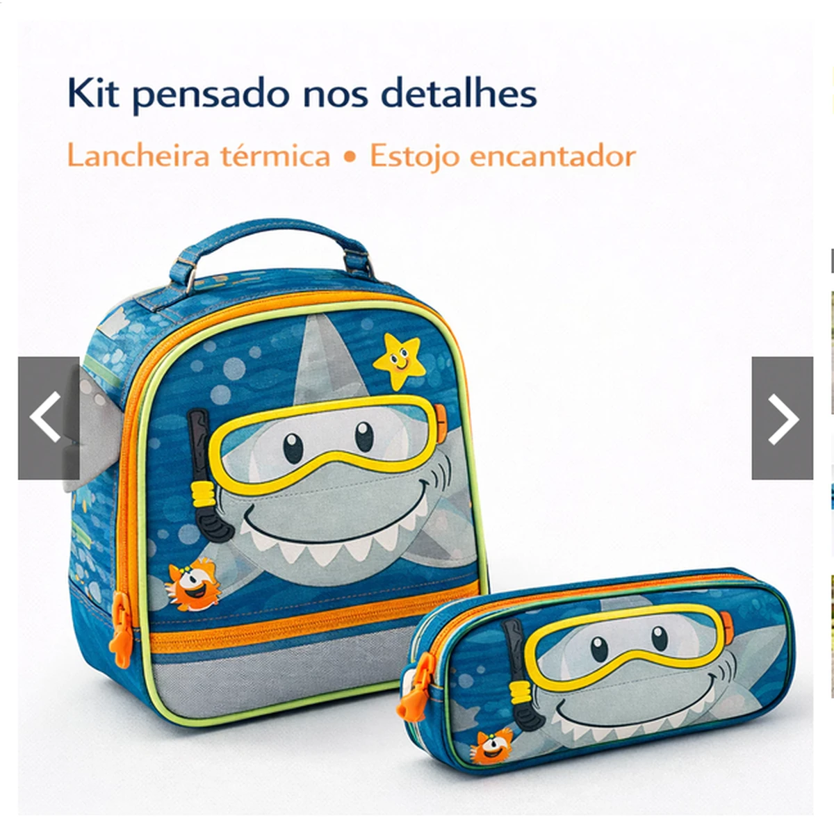 Lancheira térmica e estojo escolar combinando com desenho de tubarão