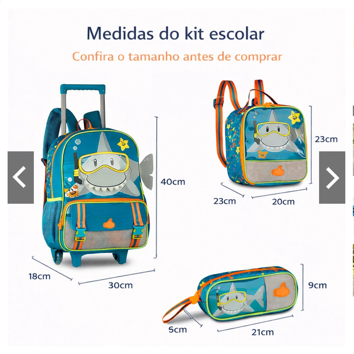 Medidas aproximadas da mochila lancheira e estojo do kit escolar