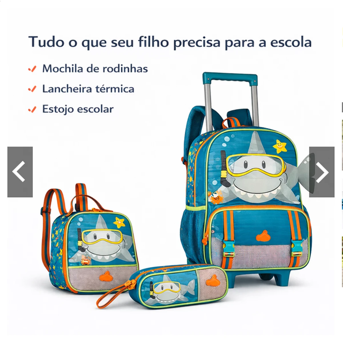 Kit escolar 3 em 1 com mochila de rodinhas lancheira térmica e estojo com desenho de tubarão