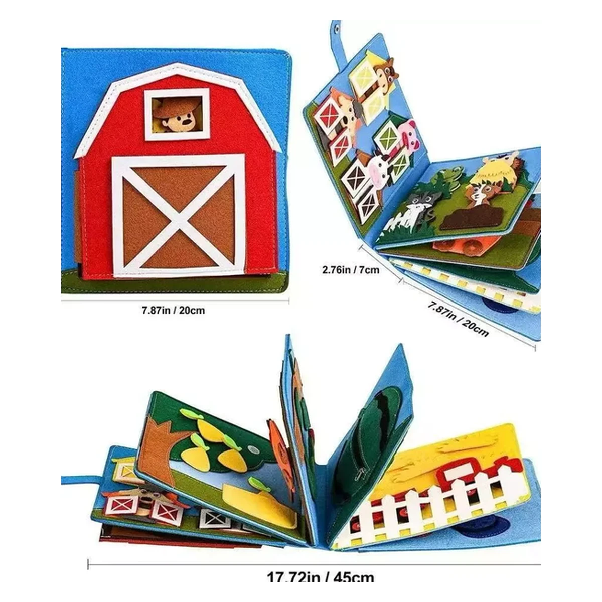 Livro sensorial infantil fechado e aberto mostrando suas dimensões aproximadas