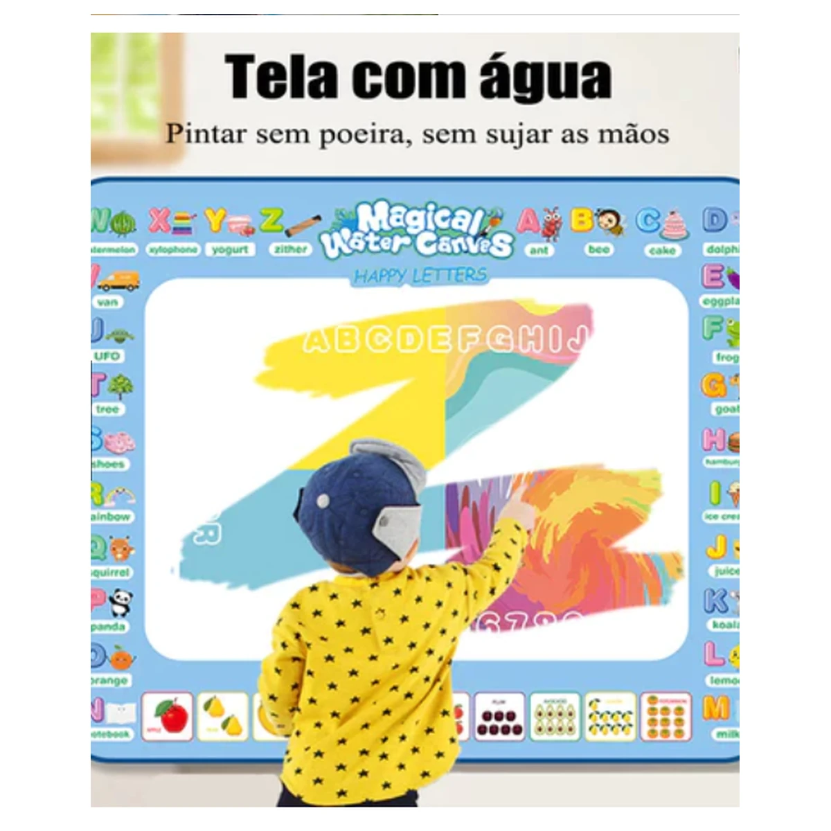 Tapete educativo com letras números cores e área central para desenho com água