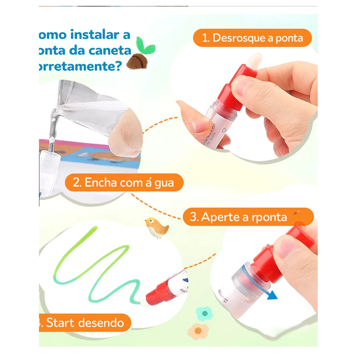 Passo a passo para encher e utilizar a caneta de água no tapete infantil