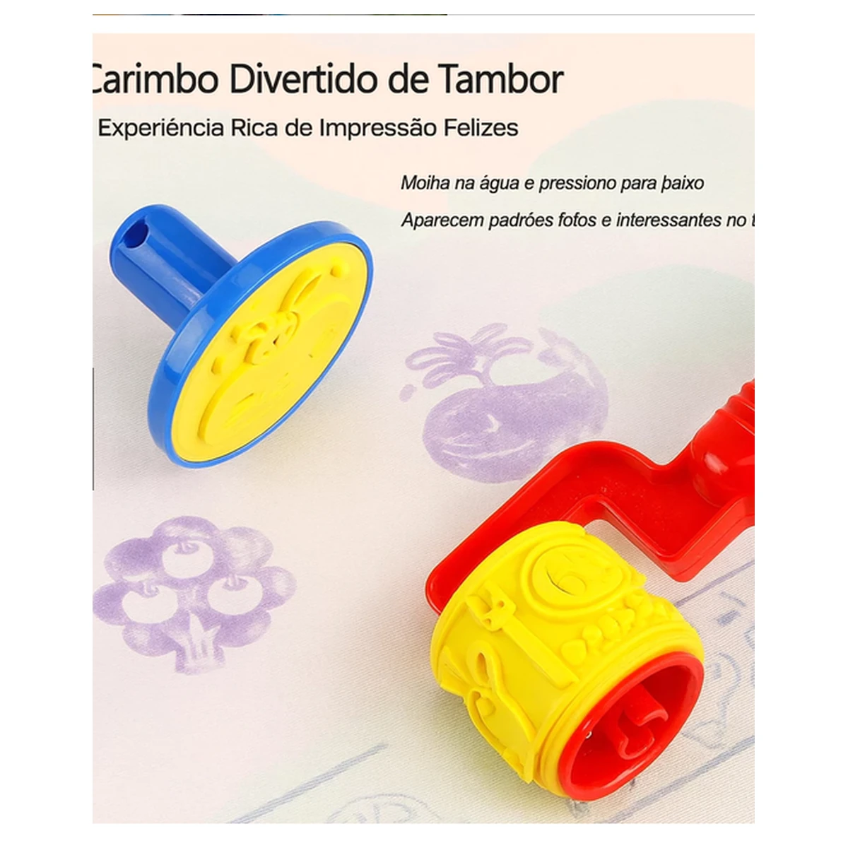 Carimbos coloridos utilizados para criar desenhos no tapete de pintura com água