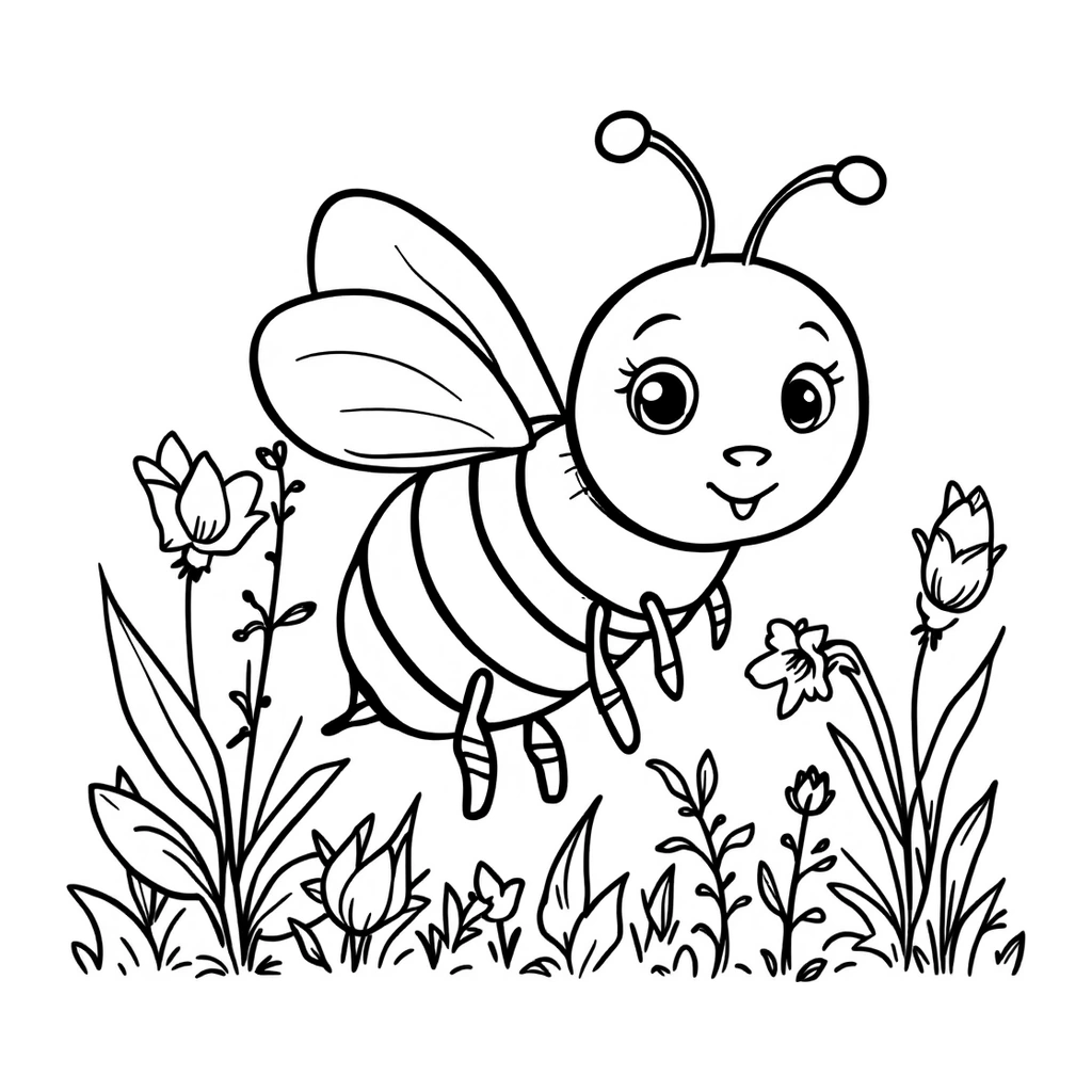 Desenho de abelha infantil entre flores para colorir na atividade da letra A